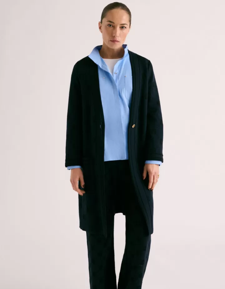 Maille | Vestes & Manteaux>DEVERNOIS Manteau maille jaquard irisée Tricoté en France Bleumarine