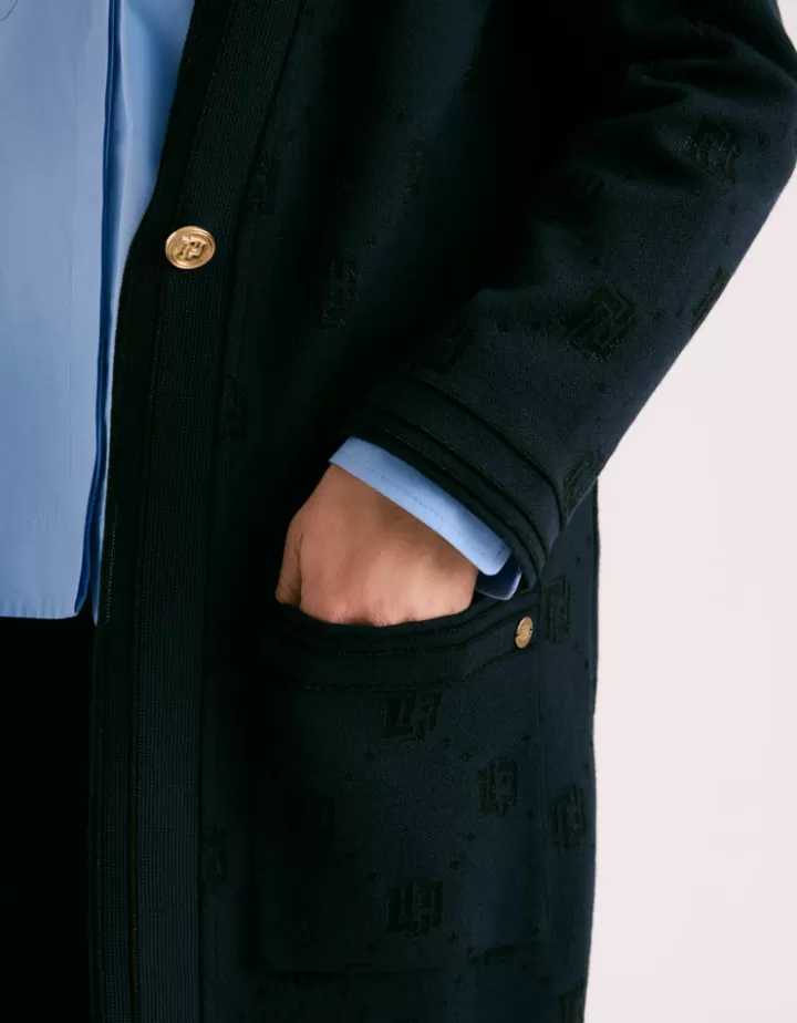 Maille | Vestes & Manteaux>DEVERNOIS Manteau maille jaquard irisée Tricoté en France Bleumarine