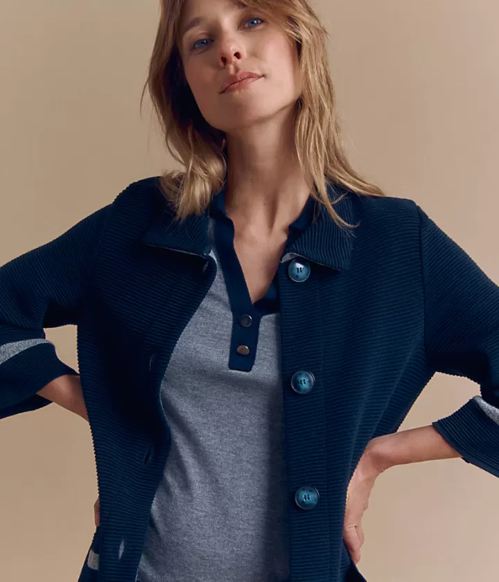 Vestes & Manteaux | Maille>DEVERNOIS Manteau maille mi-long en laine Tricoté en France Bleumarine
