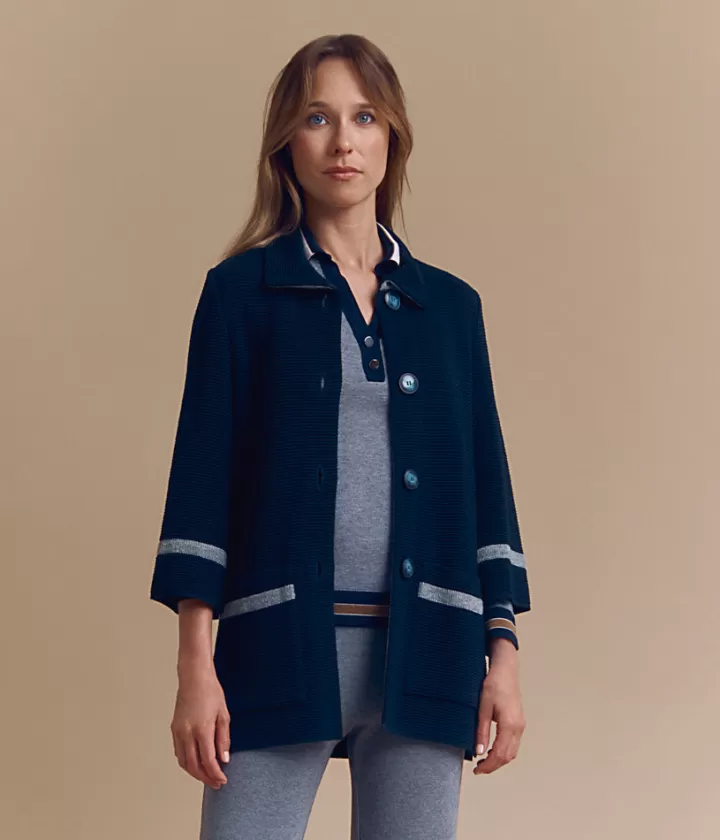 Vestes & Manteaux | Maille>DEVERNOIS Manteau maille mi-long en laine Tricoté en France Bleumarine