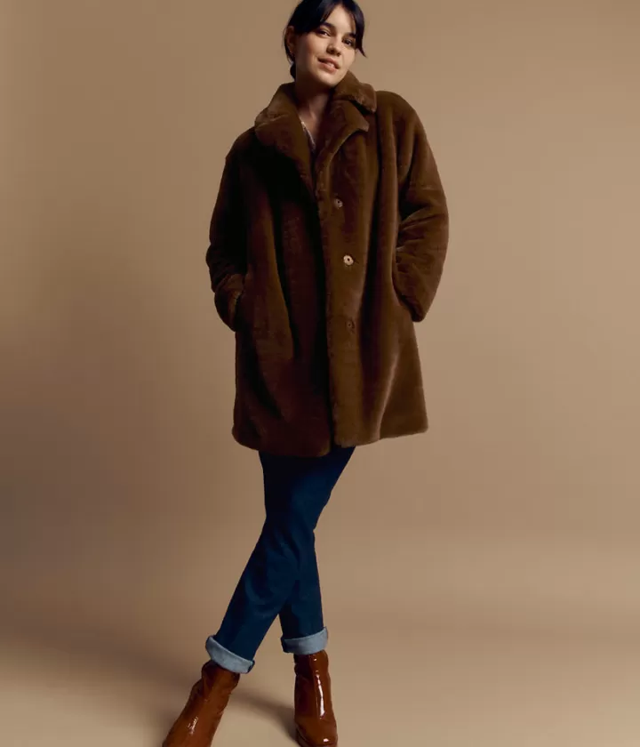 Vestes & Manteaux>DEVERNOIS Manteau mi-long en fausse fourrure Col tailleur Orangeecureuil