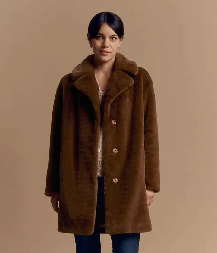 Vestes & Manteaux>DEVERNOIS Manteau mi-long en fausse fourrure Col tailleur Orangeecureuil