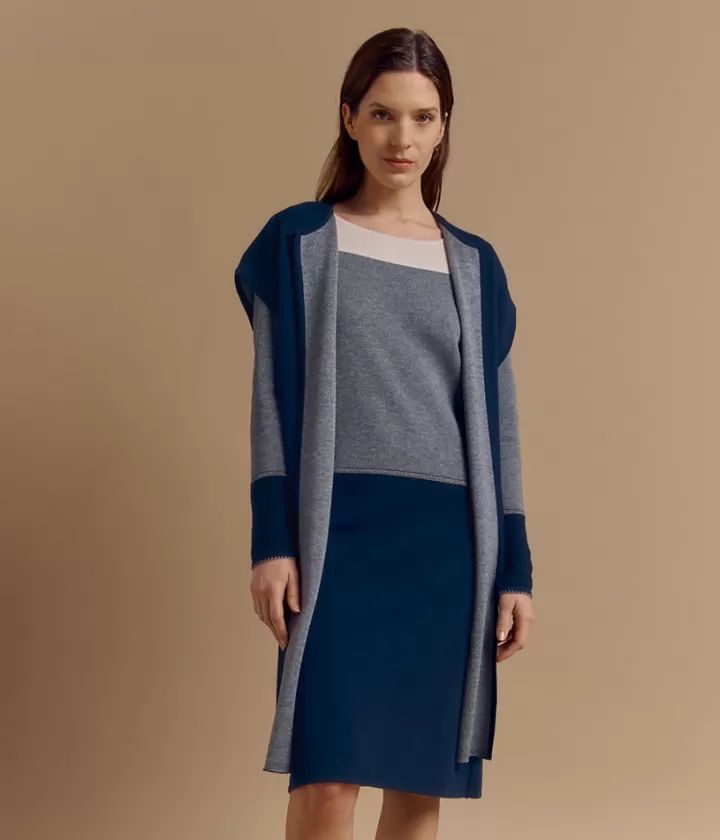 Vestes & Manteaux | Maille>DEVERNOIS Manteau sans manches en laine mérinos Tricoté en France Bleumarine