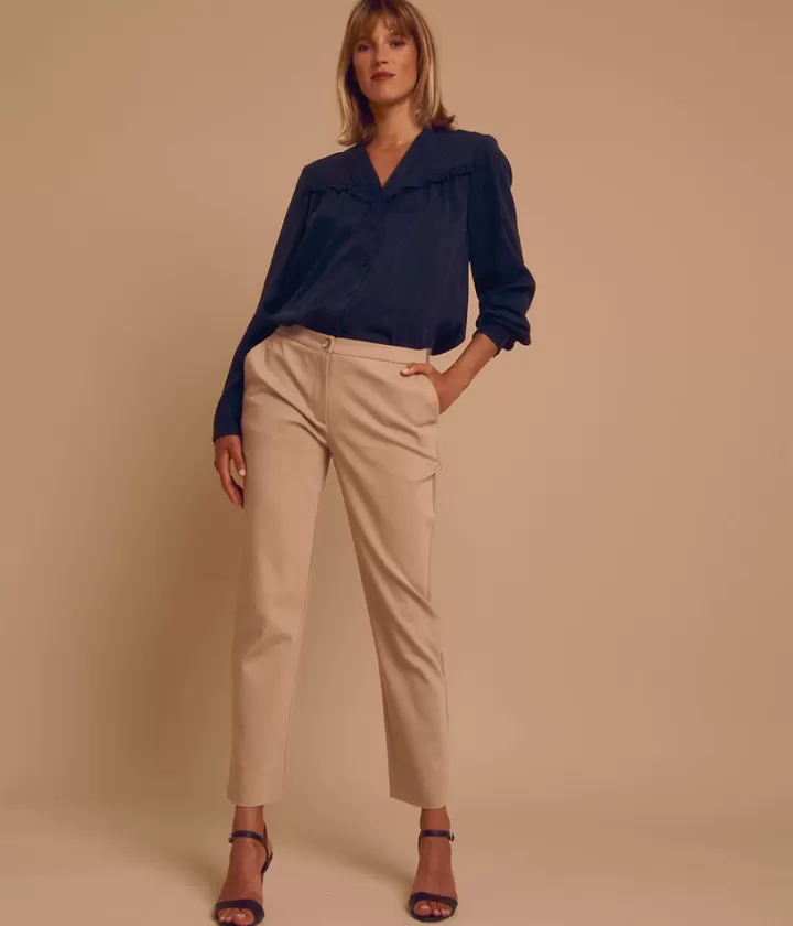 Pantalons>DEVERNOIS Pantalon droit en coton stretch Dos élastiqué Biche