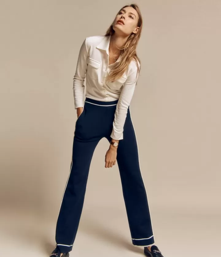 Pantalons>DEVERNOIS Pantalon en laine Mérinos galon contrasté Tricoté en France
