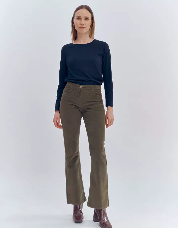 Pantalons>DEVERNOIS Pantalon flare en velours milleraies Tissu français Vertmaquis