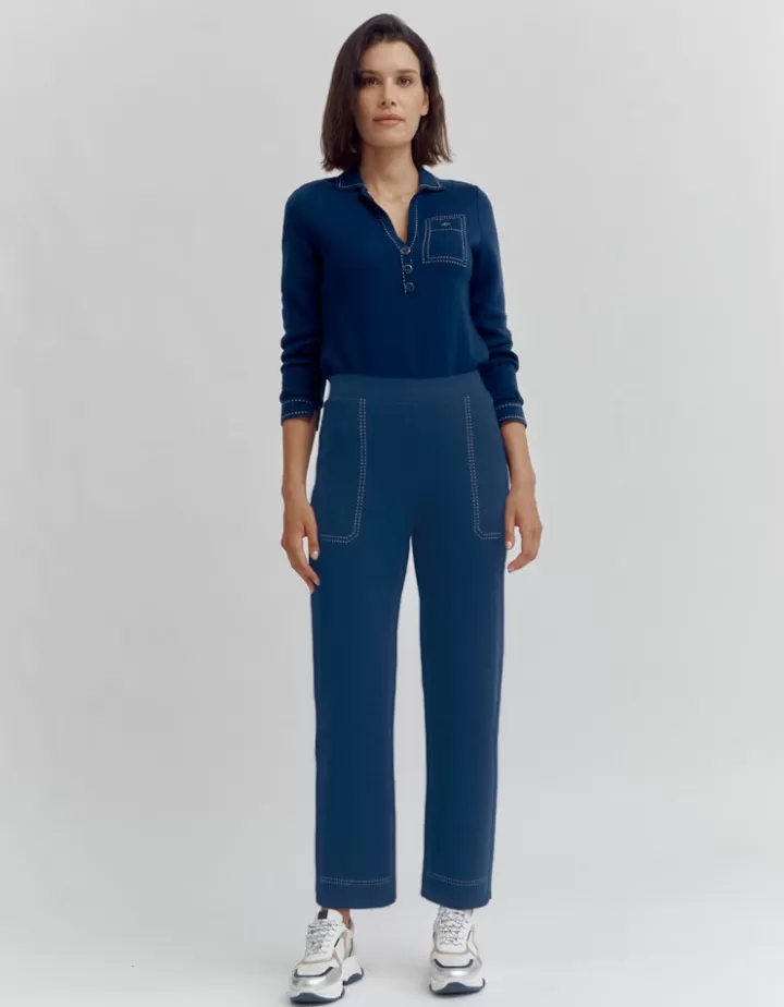 Pantalons | Maille>DEVERNOIS Pantalon maille en laine mérinos Made in France Bleumarine