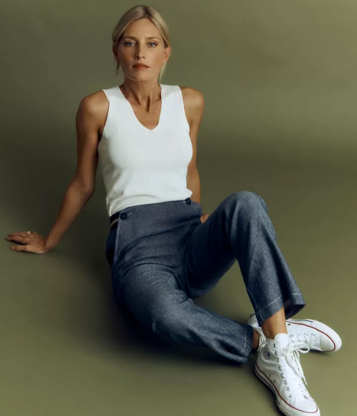 Pantalons>DEVERNOIS Pantalon toile sergée en lin Effet jean Marine