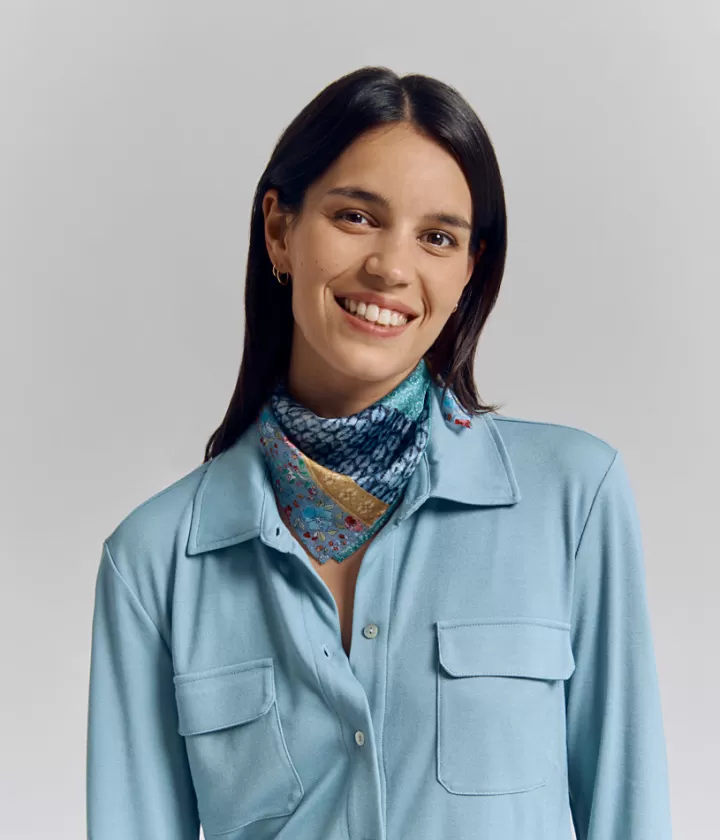 Accessoires>DEVERNOIS Petit carré imprimé 100% Voile de soie Bleuciel