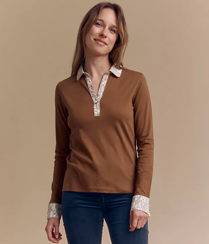 Tops & Chemises>DEVERNOIS Polo en coton Manches longues Marron