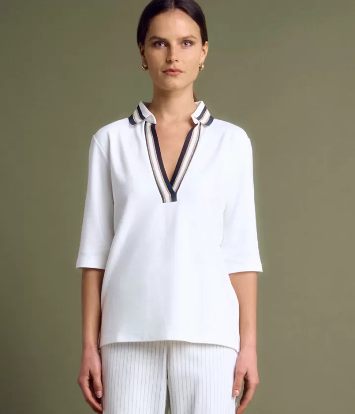 Tops & Chemises>DEVERNOIS Polo en jersey de viscose Manches 3/4 Blanccasse