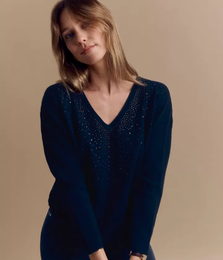 Maille>DEVERNOIS Pull col V en cachemire Détails strass Noir