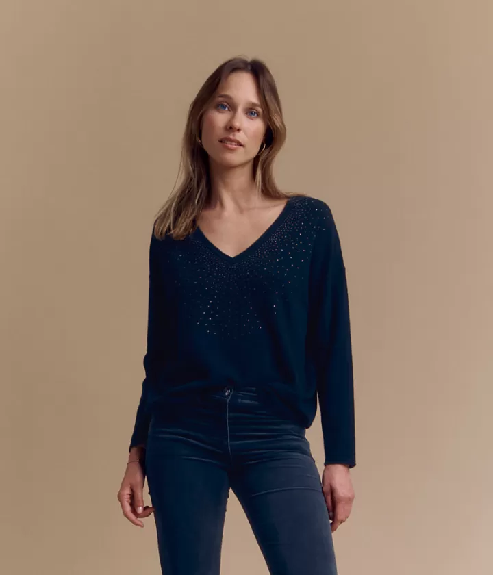 Maille>DEVERNOIS Pull col V en cachemire Détails strass Noir