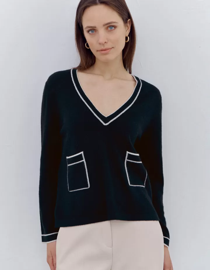 Maille>DEVERNOIS Pull en laine et cachemire Détails contrastés Noir