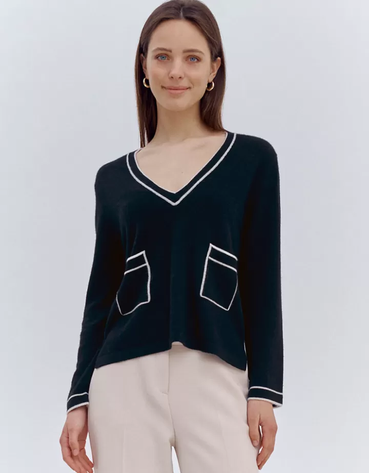 Maille>DEVERNOIS Pull en laine et cachemire Détails contrastés Noir