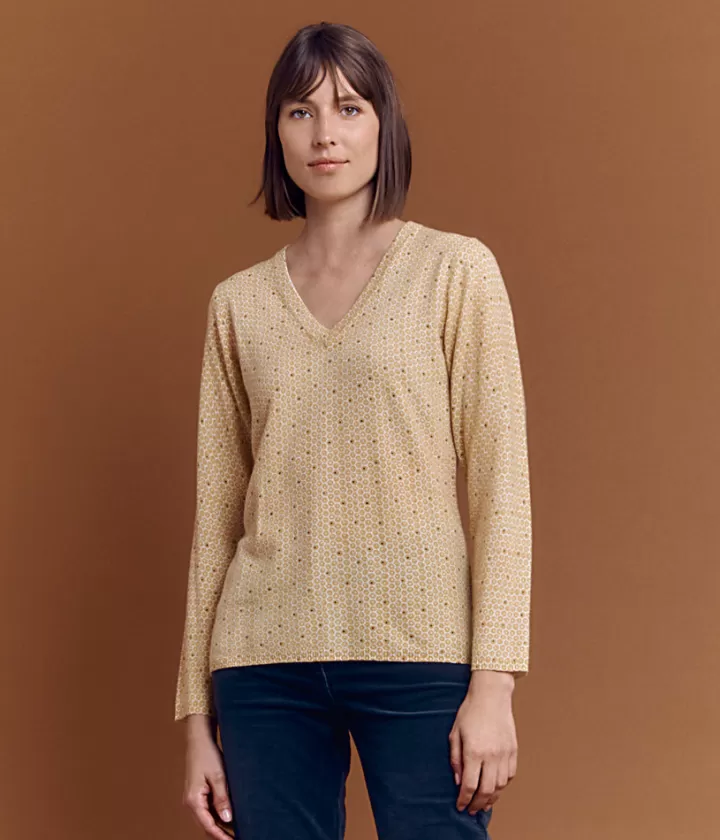 Maille>DEVERNOIS Pull en laine et cachemire Imprimé Jaune
