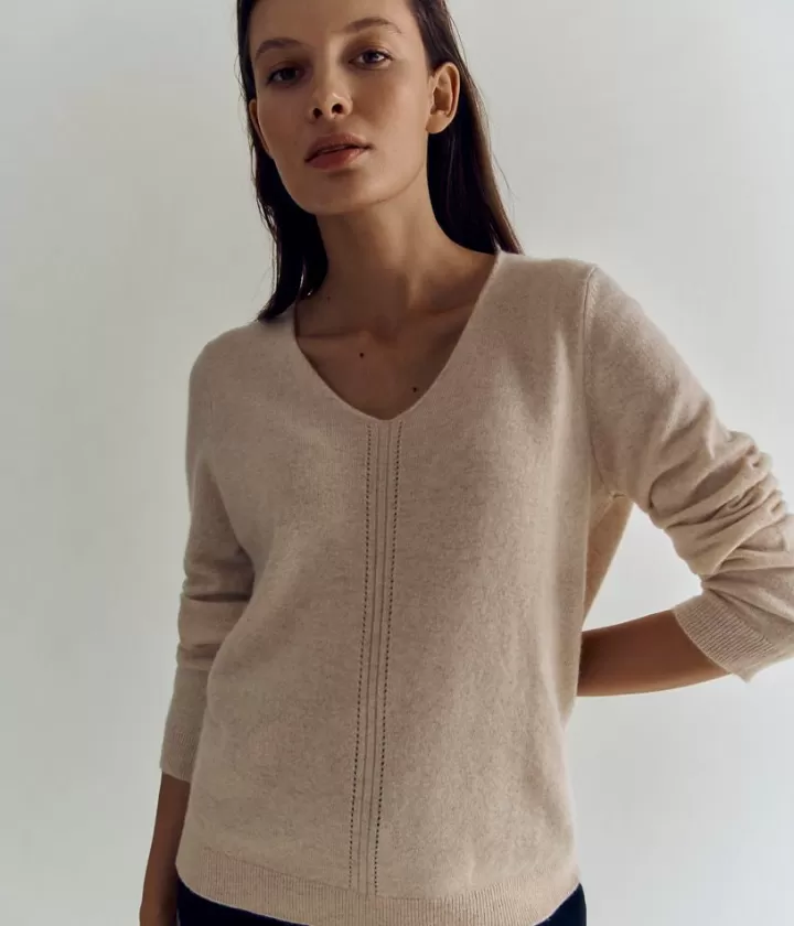 Maille>DEVERNOIS Pull encolure V 100% Cachemire Blanccasse