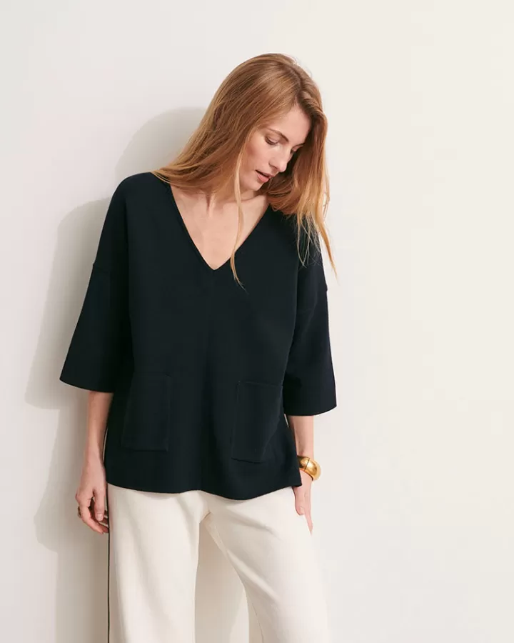 Maille>DEVERNOIS Pull encolure V en maille milano Tricoté en France Marine