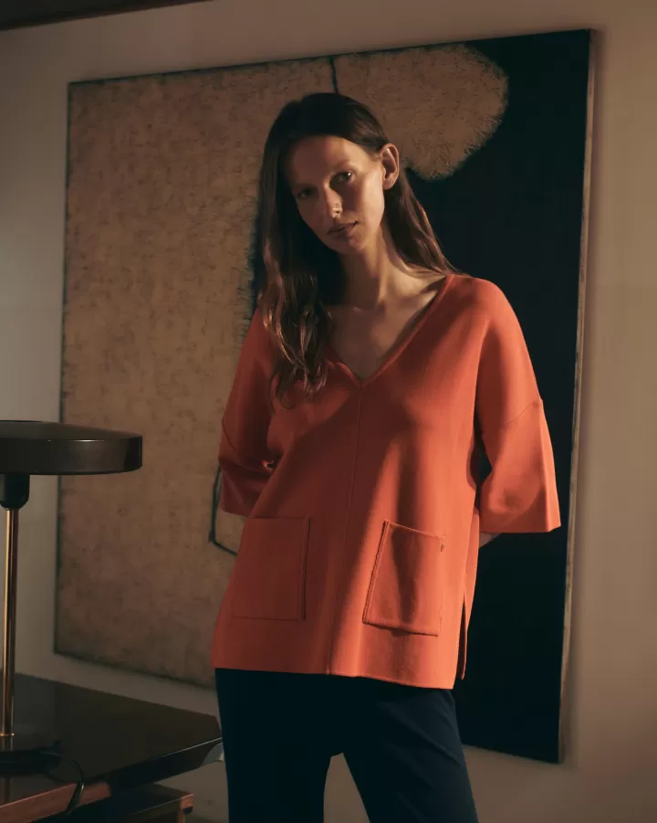 Maille>DEVERNOIS Pull encolure V en maille milano Tricoté en France Orangepotimarron