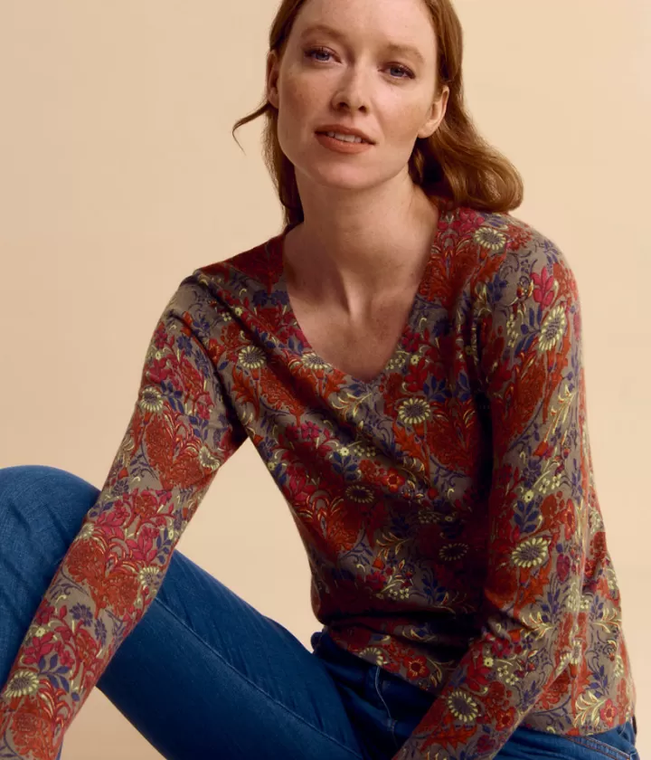 Maille>DEVERNOIS Pull imprimé en coton et viscose Imprimé fleuri Marronkaki