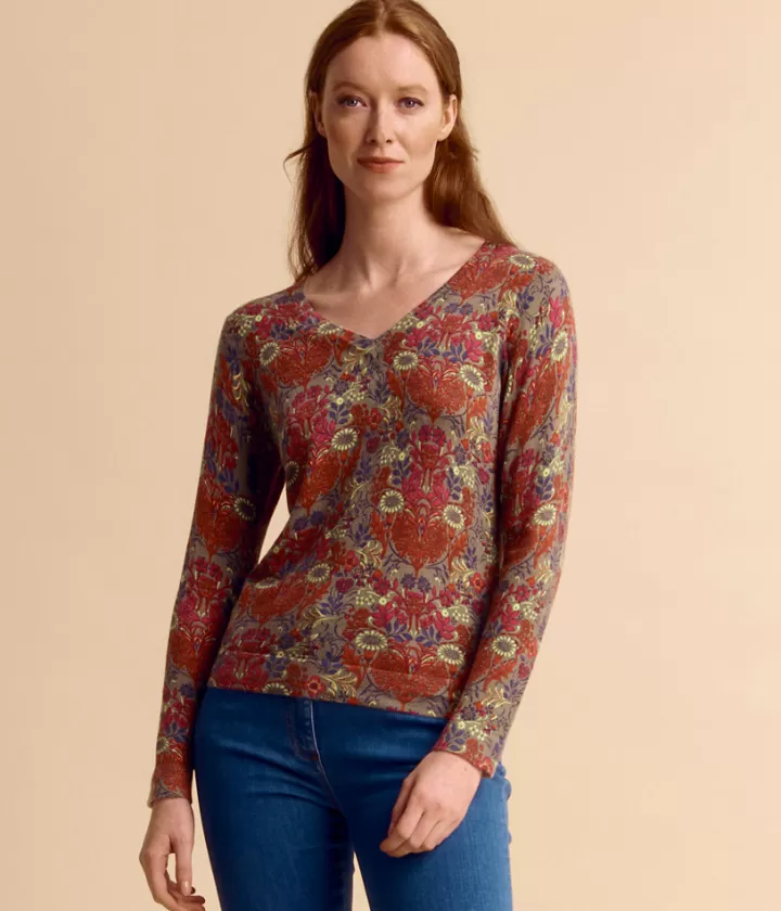 Maille>DEVERNOIS Pull imprimé en coton et viscose Imprimé fleuri Marronkaki