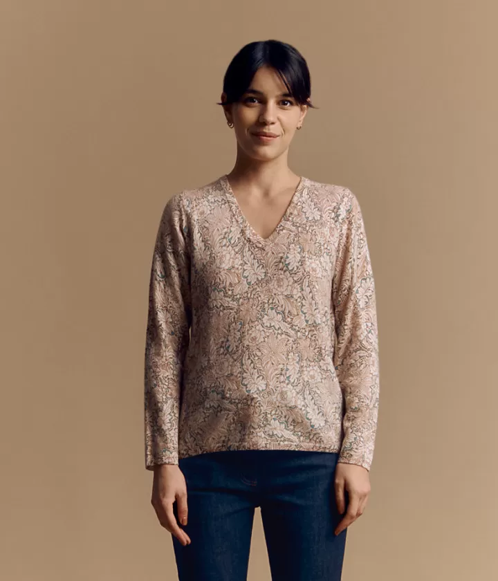 Maille>DEVERNOIS Pull imprimé en laine et cachemire Encolure V Beige