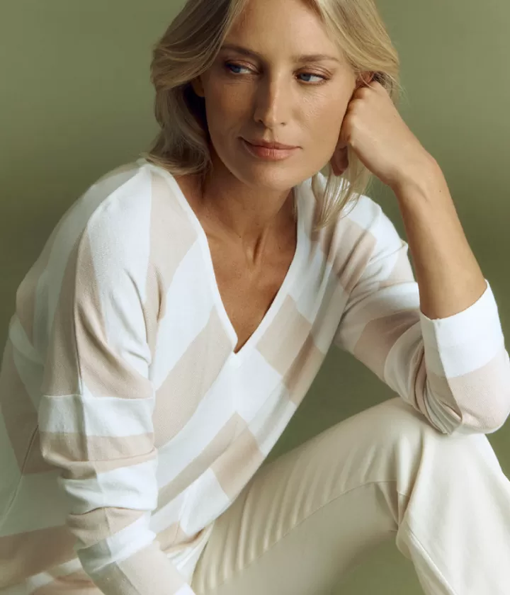 Maille>DEVERNOIS Pull maille à rayures chevrons Tricoté en France Blanccasse