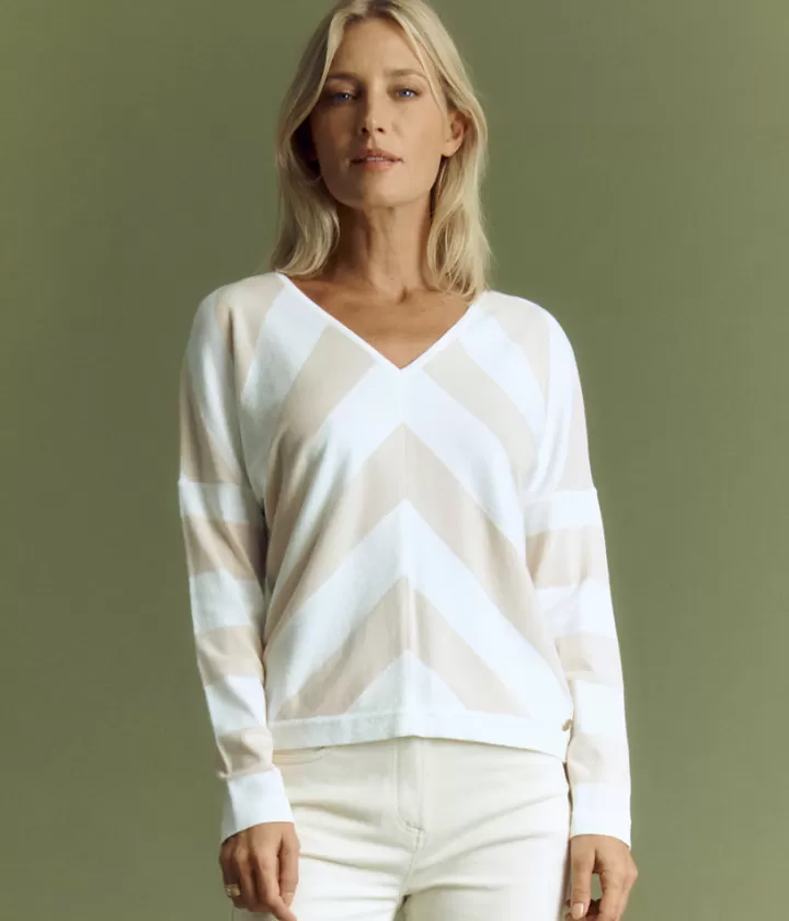 Maille>DEVERNOIS Pull maille à rayures chevrons Tricoté en France Blanccasse