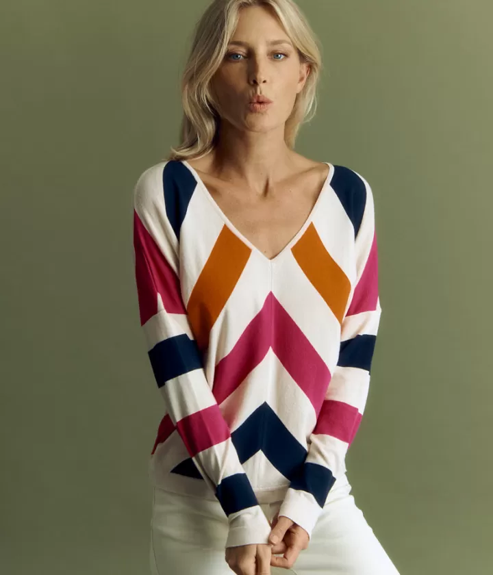 Maille>DEVERNOIS Pull maille à rayures placées Tricoté en France Beige