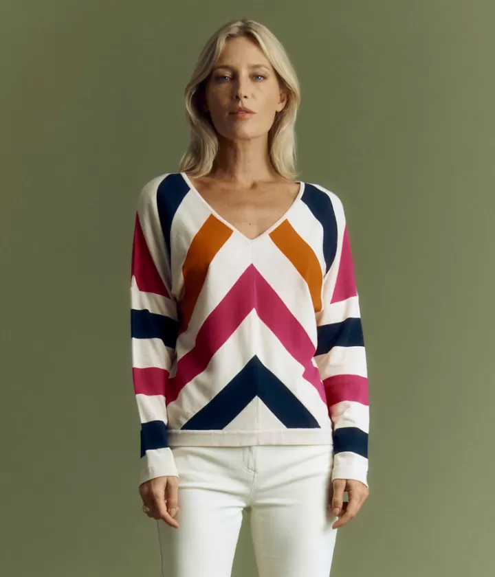 Maille>DEVERNOIS Pull maille à rayures placées Tricoté en France Beige