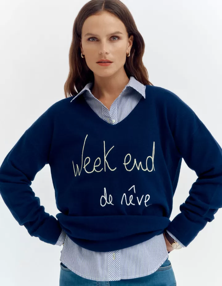 Maille>DEVERNOIS Pull maille brodé En laine et cachemire Bleumarine