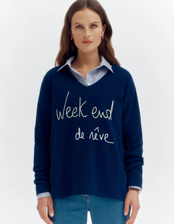 Maille>DEVERNOIS Pull maille brodé En laine et cachemire Bleumarine