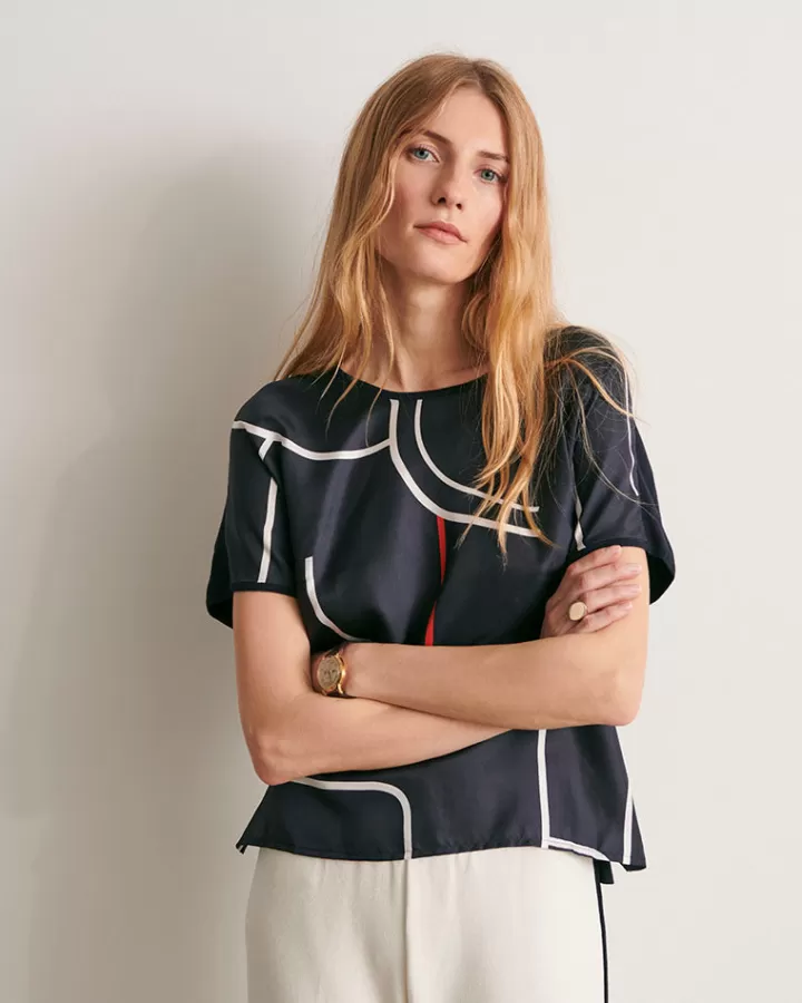 Maille>DEVERNOIS Pull maille imprimé En twill de soie Bleumarine