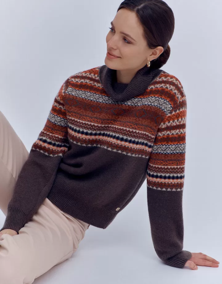 Maille>DEVERNOIS Pull maille jacquard en mohair Tricoté en France Marron