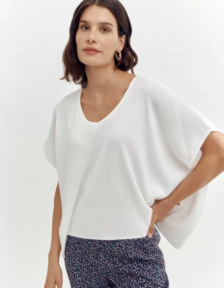 Maille>DEVERNOIS Pull maille kimono en côtes placées Made in France Blanccasse