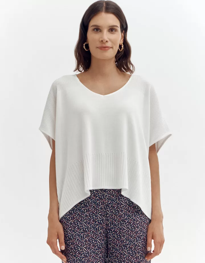 Maille>DEVERNOIS Pull maille kimono en côtes placées Made in France Blanccasse