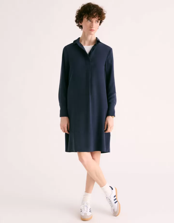 Robes & Jupes>DEVERNOIS Robe chemise En soie lavée Marine