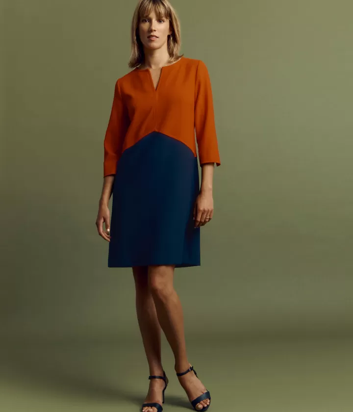 Robes & Jupes>DEVERNOIS Robe colorblock en double toile natté Manches 3/4 Bleumarine