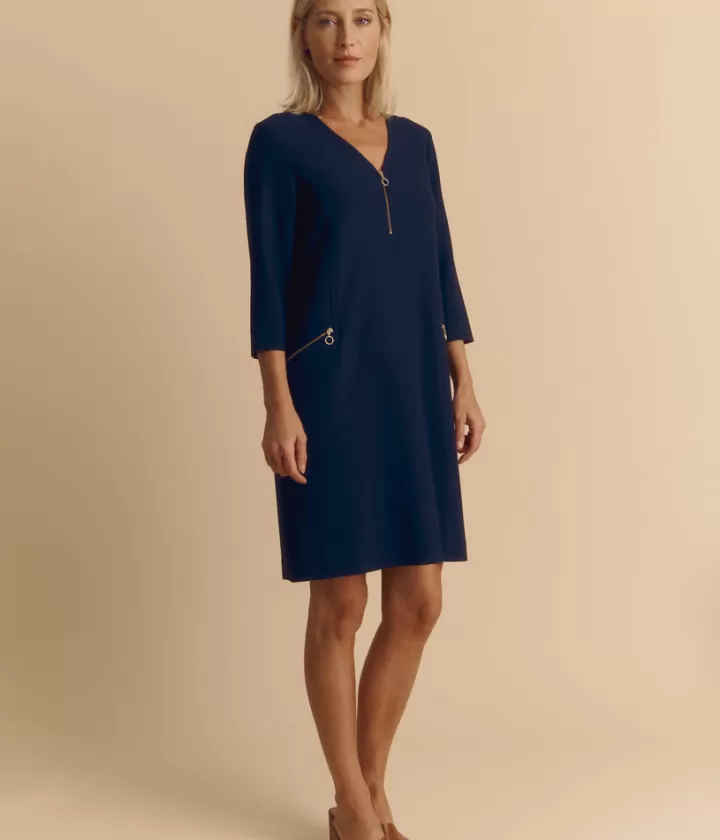 Robes & Jupes>DEVERNOIS Robe en double toile nattée Encolure V Bleuoutremer