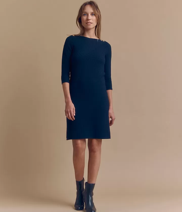 Robes & Jupes | Maille>DEVERNOIS Robe maille côtes en laine Mérinos Tricotée en France Marine