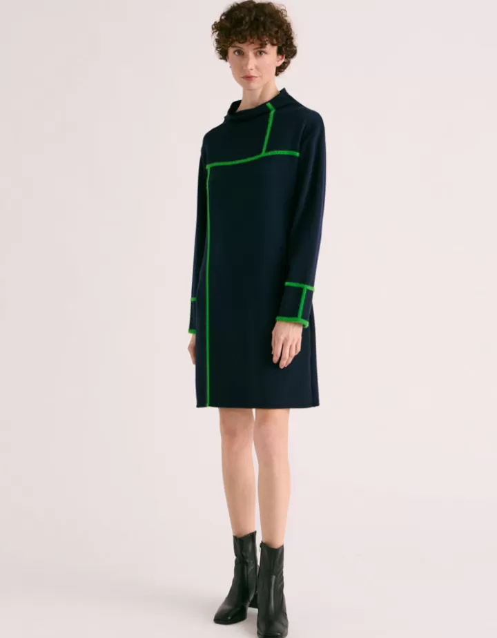 Robes & Jupes | Maille>DEVERNOIS Robe maille intarsia en laine mérinos Tricotée en France Bleumarine