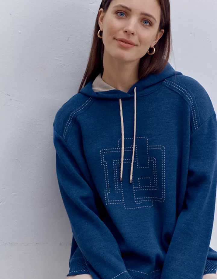 Maille>DEVERNOIS Sweat maille à capuche en laine mérinos Tricoté en France Bleumarine