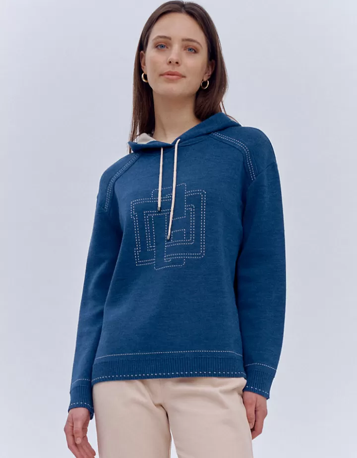 Maille>DEVERNOIS Sweat maille à capuche en laine mérinos Tricoté en France Bleumarine