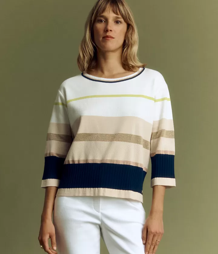 Maille>DEVERNOIS Sweat maille piquée à rayures Tricoté en France Blanccasse