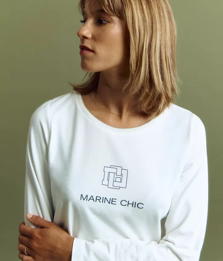 Tops & Chemises>DEVERNOIS Tee-shirt en coton et modal Sérigraphié Blanccasse