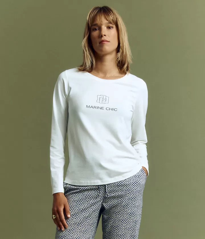 Tops & Chemises>DEVERNOIS Tee-shirt en coton et modal Sérigraphié Blanccasse