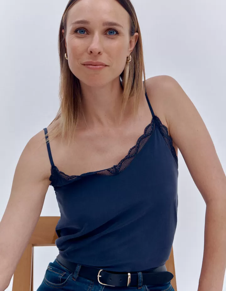 Tops & Chemises>DEVERNOIS Top en soie Encolure dentelle Marine