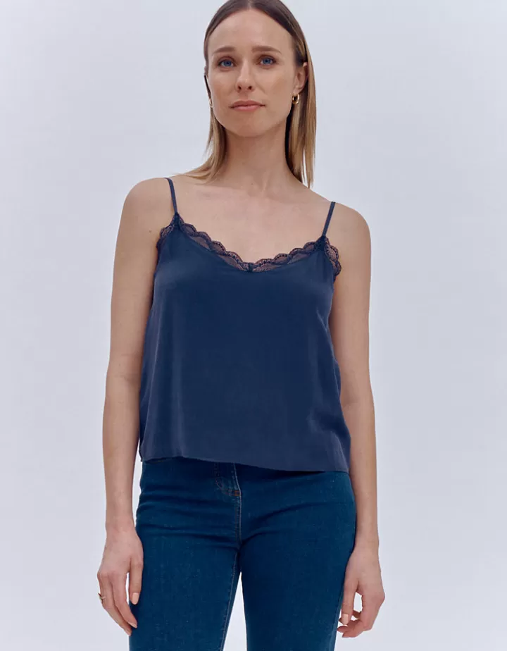 Tops & Chemises>DEVERNOIS Top en soie Encolure dentelle Marine