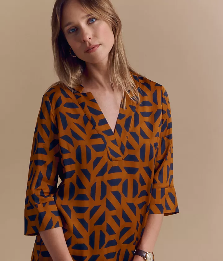 Tops & Chemises>DEVERNOIS Tunique fluide imprimée Col esprit tailleur Marron
