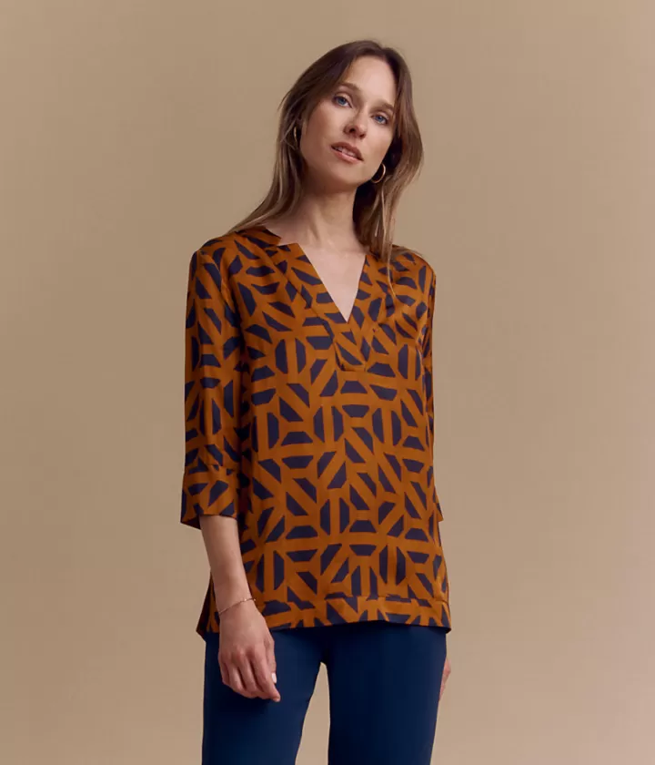 Tops & Chemises>DEVERNOIS Tunique fluide imprimée Col esprit tailleur Marron
